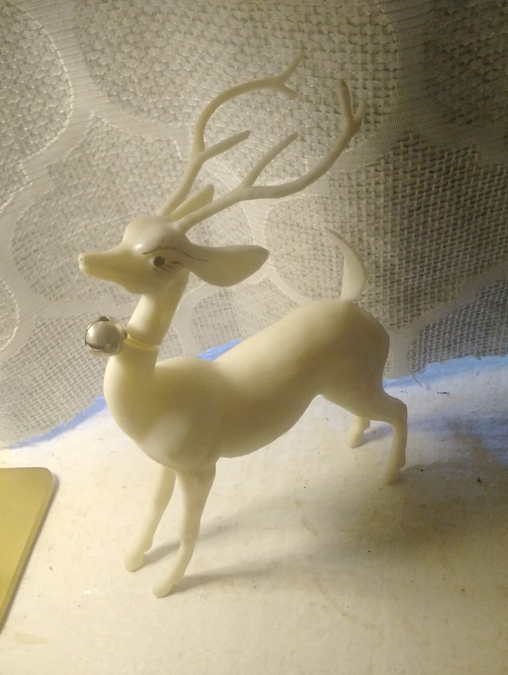 Vintage 50s Reindeer Holiday Figurine White with Bell 8" Decor Plastic